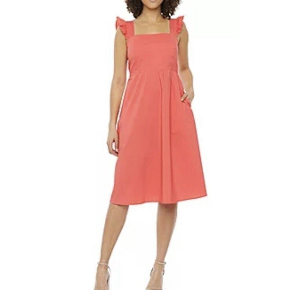 NWT 52Seven Women's Ruffle Strap Midi Dress Coral Pink 14 Square Neck Pockets